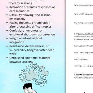 May include: A therapy worksheet with a light blue and pink gradient background. The text lists benefits for emotional processing, including help with trauma responses and racing thoughts. A line drawing shows a person with a cluttered thought bubble.