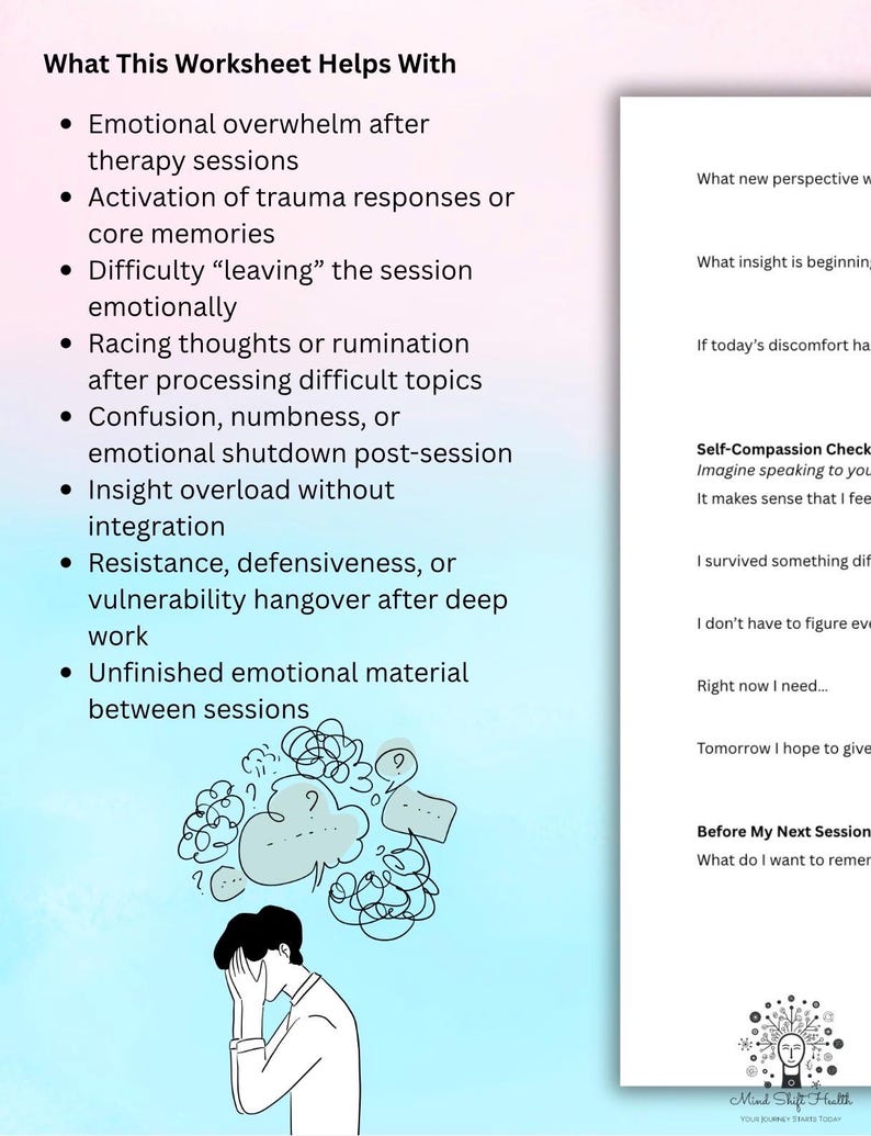 May include: A therapy worksheet with a light blue and pink gradient background. The text lists benefits for emotional processing, including help with trauma responses and racing thoughts. A line drawing shows a person with a cluttered thought bubble.