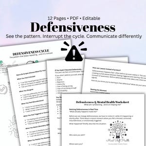Puede incluir: Un documento PDF editable de 12 páginas titulado Defensiveness, que incluye hojas de trabajo y guiones para ayudar a identificar e interrumpir patrones defensivos. Las páginas incluyen guiones de la vida real, el ciclo de defensa y una hoja de trabajo de salud mental.
