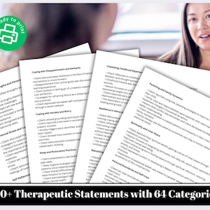 presenting four pages as examples for the Progress Notes Statements. In the background are two women in a therapy setting talking.