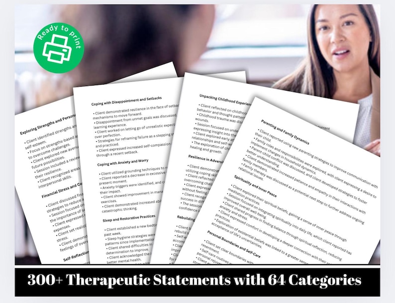 presenting four pages as examples for the Progress Notes Statements. In the background are two women in a therapy setting talking.