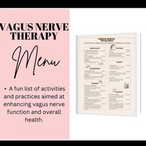 Könnte beinhalten: Eine rosa und weiße Speisekarte für die Vagusnerv-Therapie. Die Speisekarte listet Aktivitäten und Praktiken auf, die darauf abzielen, die Funktion des Vagusnervs und die allgemeine Gesundheit zu verbessern.