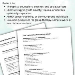 May include: Two white worksheets with text about managing stressful thoughts and beliefs. The worksheets include questions about identifying and reframing negative thoughts, and are designed for therapy and mindfulness.