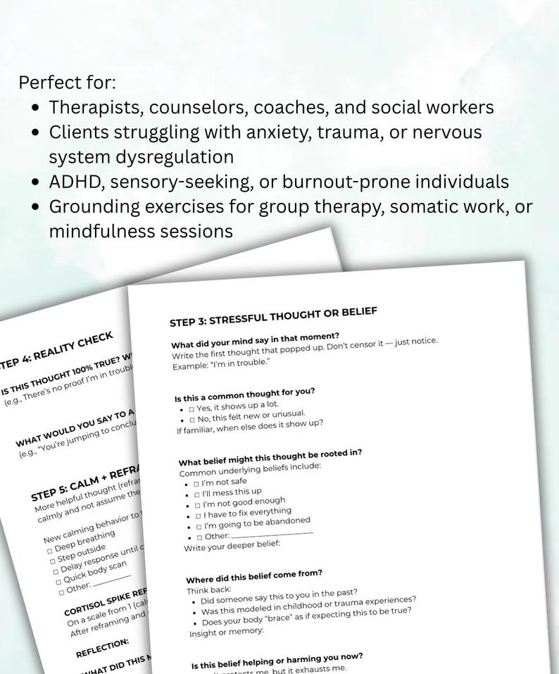 May include: Two white worksheets with text about managing stressful thoughts and beliefs. The worksheets include questions about identifying and reframing negative thoughts, and are designed for therapy and mindfulness.