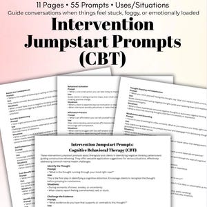 May include: A set of colorful printable cards with text outlining prompts for cognitive behavioral therapy (CBT). The cards are designed to help therapists and clients identify negative thinking patterns and guide constructive reframing.
