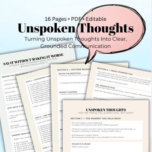 Könnte beinhalten: Ein 16-seitiges PDF-Arbeitsbuch mit dem Titel "Unspoken Thoughts" zur Verbesserung der Kommunikation. Das Cover zeigt eine rosa Sprechblase und den Text "Turning Unspoken Thoughts Into Clear, Grounded Communication."