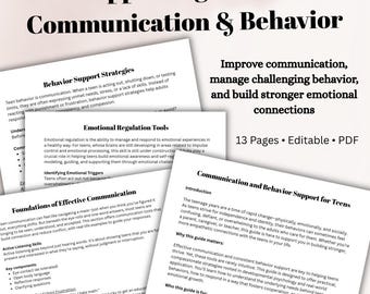 Op de afbeelding: Een printbare gids voor het ondersteunen van tieners met communicatie- en gedragsproblemen. De gids bevat tips voor het beheren van emotionele regulatie, het opbouwen van sterkere emotionele banden en het verbeteren van communicatievaardigheden. De gids is 13 pagina's lang en is bewerkbaar in PDF-formaat.