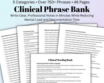 以下が含まれることがあります： 5つのカテゴリーと750以上のフレーズを含む46ページのClinical Phrase Bankドキュメント。各ページには、クライアントの反応、介入、観察、評価などのセクションを含む、専門的な臨床ノートの箇条書きリストが記載されています。