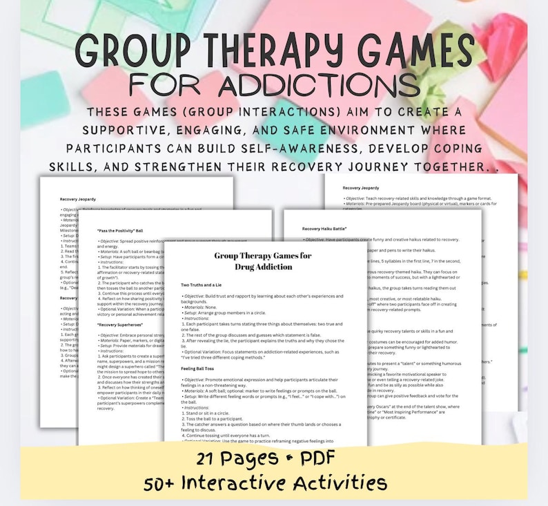 Puede incluir: Hojas de trabajo impresas tituladas "Group Therapy Games for Drug Addiction". El texto incluye "21 p&aacute;ginas + PDF" y "50+ actividades interactivos". El texto superior dice "Group Therapy Games for Addictions".