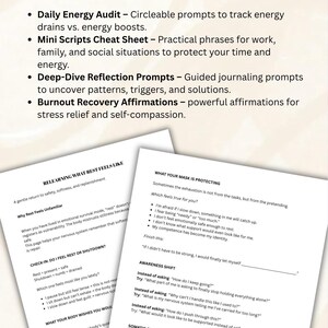 May include: Two worksheets with text on a white background. One titled "Relearning What Rest Feels Like" and the other "What Your Mask Is Protecting." The image also includes a list of "Bonus Tools & Worksheets" with prompts for self-care and reflection.