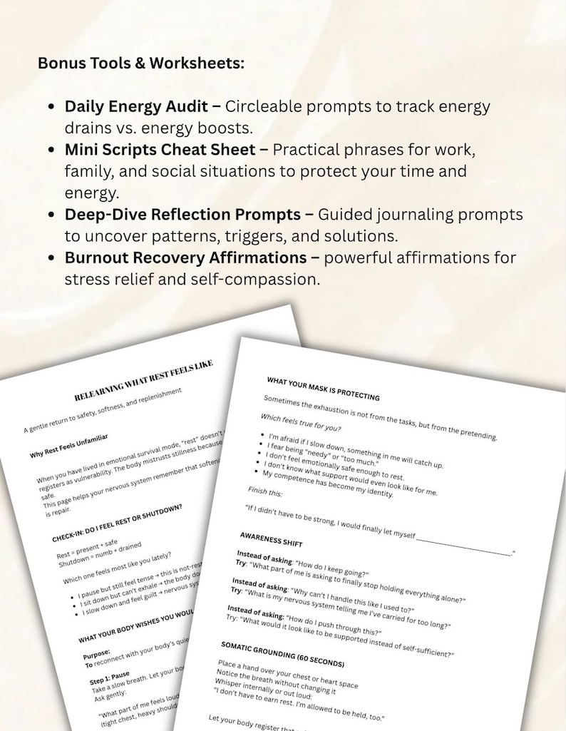 May include: Two worksheets with text on a white background. One titled "Relearning What Rest Feels Like" and the other "What Your Mask Is Protecting." The image also includes a list of "Bonus Tools & Worksheets" with prompts for self-care and reflection.