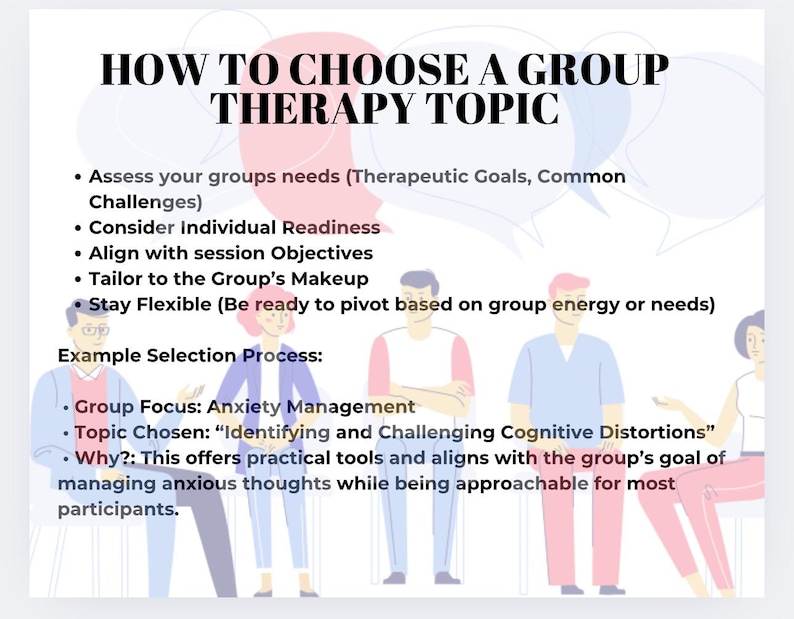 May include: A diagram with text explaining how to choose a group therapy topic. The text includes the following points: Assess your group's needs, Consider individual readiness, Align with session objectives, Tailor to the group's makeup, Stay flexible. An example selection process is also included: Group focus: Anxiety management, Topic chosen: Identifying and challenging cognitive distortions, Why?: This offers practical tools and aligns with the group's goal of managing anxious thoughts while being approachable for most participants.