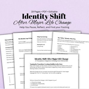 May include: A PDF workbook titled "Identity Shift After Major Life Change." The cover features the title in a decorative font, with the subtitle "Help You Pause, Reflect, and Find your Footing." Several pages with text are visible.