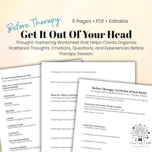 Può includere: Un foglio di lavoro PDF modificabile di 5 pagine intitolato Before Therapy: Get It Out Of Your Head. Il documento include suggerimenti per organizzare pensieri, emozioni e domande prima di una seduta di terapia, con il logo Mind Shift Health.