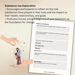 May include: A worksheet titled "Substance Use Exploration" with a cartoon illustration of two hands holding a person reading a book. The worksheet includes questions about substance use, including what substances have been struggled with, the role of substance use in life, how substance use has affected health, relationships, and goals, patterns of use, and warning signs of relapse.