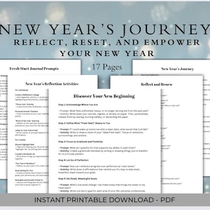 Puede incluir: Una descarga PDF imprimible para un cuaderno de viaje de Año Nuevo. El cuaderno incluye indicaciones y actividades para ayudarte a reflexionar, reiniciar y empoderarte para el nuevo año. La portada presenta un fondo blanco con un efecto brillante y el texto "New Year's Journey" en negro.