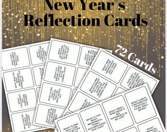 May include: Black and white cards with prompts for New Year's reflection. The cards have questions like "What was my biggest achievement this year?" and "What new skills or knowledge did I gain this year?"