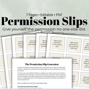 Può includere: Un set di "Permission Slips" stampabili con il testo "Dai a te stesso il permesso che nessun altro ha dato." Il design include foglietti individuali con frasi come "Mi do il permesso di riposare senza sensi di colpa."