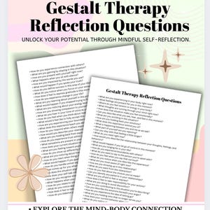 Può includere: Vengono visualizzate due pagine di "Domande di riflessione sulla terapia della Gestalt", con testo che include domande sull'autoriflessione e sui modelli emotivi. Il testo in alto recita "Domande di riflessione sulla terapia della Gestalt". Il testo in basso recita "Esplora la connessione mente-corpo. Ottieni informazioni sui modelli emotivi e sui comportamenti."