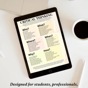 May include: A digital tablet displaying a critical thinking guide with questions to ask yourself about "Who, What, Where, When, Why, and How". The guide is designed for students, professionals, and anyone looking to improve their thinking process.