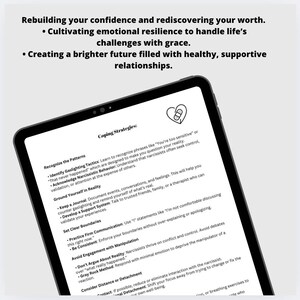 May include: A digital tablet displaying a document titled Coping Strategies. The text outlines methods for recognizing gaslighting, grounding oneself in reality, setting boundaries, avoiding manipulation, and practicing detachment, with a heart icon.