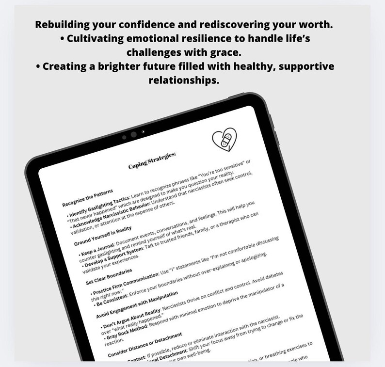 May include: A digital tablet displaying a document titled Coping Strategies. The text outlines methods for recognizing gaslighting, grounding oneself in reality, setting boundaries, avoiding manipulation, and practicing detachment, with a heart icon.