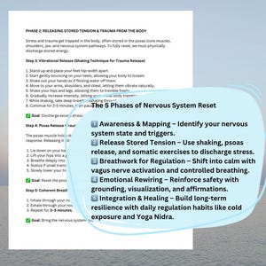 May include: A diagram outlining the five phases of nervous system reset. The phases are: Awareness & Mapping, Release Stored Tension, Breathwork for Regulation, Emotional Rewiring, and Integration & Healing. The diagram is on a white background with blue text.
