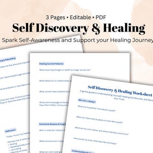 Może przedstawiać: Trzystronicowy arkusz PDF zatytułowany "Self Discovery & Healing". Strony zawierają pytania do autorefleksji, w tym pytania dotyczące podstawowych wartości, uzdrowienia i uwalniania emocjonalnego. Widoczny jest również tekst "Spark Self-Awareness and Support your Healing Journey".