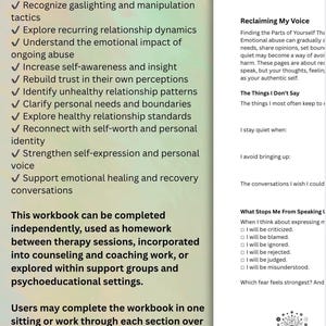 May include: A mental health workbook featuring a list of benefits for identifying emotional abuse and gaslighting, alongside a page titled Reclaiming My Voice with prompts about personal boundaries, fears, and self-expression, including a Mind Shift Health logo.