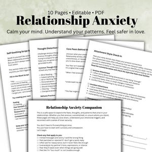 Może przedstawiać: Zestaw drukowanych arkuszy roboczych zatytułowanych "Relationship Anxiety Companion". Strony obejmują tematy takie jak samouspokojenie, zniekształcenia myślowe i style przywiązania. Okładka zawiera tytuł "Relationship Anxiety" pogrubioną czcionką.