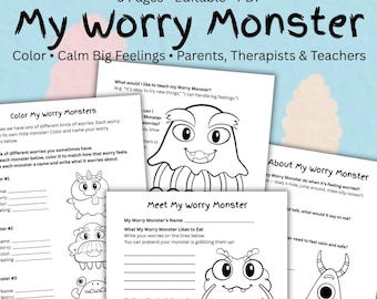 May include: A printable PDF titled "My Worry Monster" with pages for coloring and activities. The pages include prompts to color, name, and describe worries. The text includes "Color, Calm Big Feelings, Parents, Therapists & Teachers."