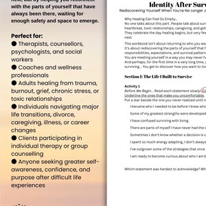 Pode incluir: Uma p&aacute;gina de caderno de exerc&iacute;cios intitulada Identity After Surviving com texto sobre a redescoberta pessoal. A p&aacute;gina inclui a se&ccedil;&atilde;o I: The Life I Built to Survive e a atividade 1 com uma lista de afirma&ccedil;&otilde;es para ler, sublinhar e marcar.
