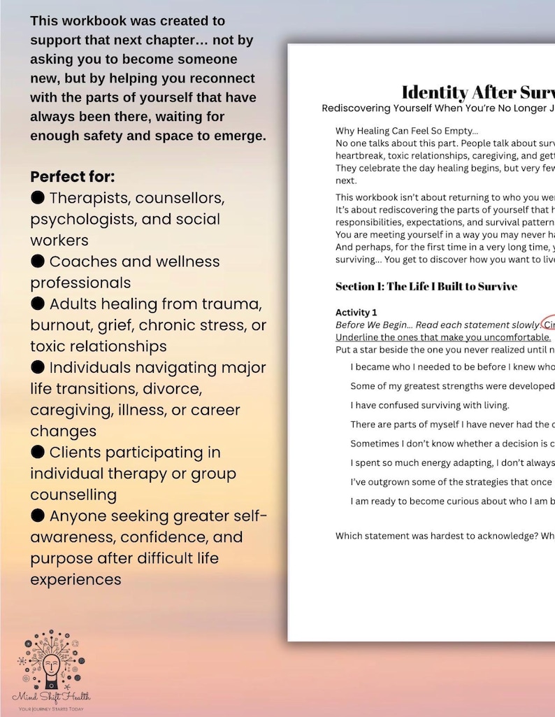 Pode incluir: Uma p&aacute;gina de caderno de exerc&iacute;cios intitulada Identity After Surviving com texto sobre a redescoberta pessoal. A p&aacute;gina inclui a se&ccedil;&atilde;o I: The Life I Built to Survive e a atividade 1 com uma lista de afirma&ccedil;&otilde;es para ler, sublinhar e marcar.