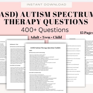 Puede incluir: Una descarga digital titulada "(TEA) Preguntas de terapia del espectro autista" con más de 400 preguntas en 15 páginas. El kit de herramientas está diseñado para adultos, adolescentes y niños, con secciones sobre autoconciencia y emociones.