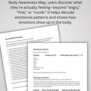May include: A white paper with text about emotional awareness, including the Emotional Inventory and Body Awareness Map. The text describes how to identify and understand emotions, with sections on vulnerability challenges and body sensations.