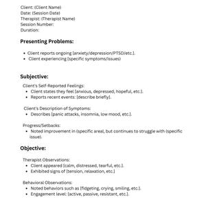 May include: A therapy progress notes cheat sheet with headings for presenting problems, subjective, and objective. The sheet includes prompts for therapists to document client information, including self-reported feelings, symptoms, and progress.