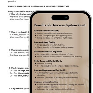 May include: A close-up of a smartphone displaying a list of benefits of a nervous system reset. The benefits include reduced stress and anxiety, improved sleep quality, enhanced emotional regulation, better focus and mental clarity, improved digestion and gut health, stronger immune function, and a greater sense of safety and connection.