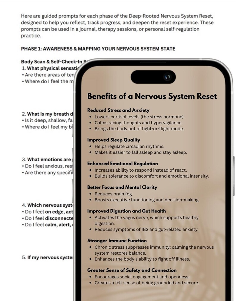 May include: A close-up of a smartphone displaying a list of benefits of a nervous system reset. The benefits include reduced stress and anxiety, improved sleep quality, enhanced emotional regulation, better focus and mental clarity, improved digestion and gut health, stronger immune function, and a greater sense of safety and connection.