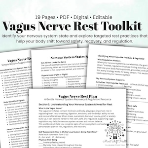 Puede incluir: Un kit de herramientas digital en PDF de 19 páginas para el descanso del nervio vago con páginas editables. El documento incluye secciones sobre estados del sistema nervioso, prácticas de descanso y herramientas de autoevaluación.