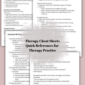May include: A therapy cheat sheet with quick references for therapy practice. The sheet includes techniques for cognitive behavioral therapy (CBT), motivational interviewing (MI), and integrative therapy.