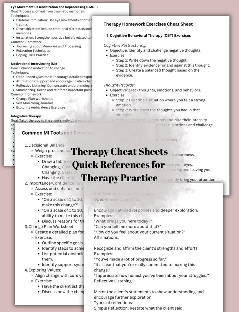 May include: A therapy cheat sheet with quick references for therapy practice. The sheet includes techniques for cognitive behavioral therapy (CBT), motivational interviewing (MI), and integrative therapy.