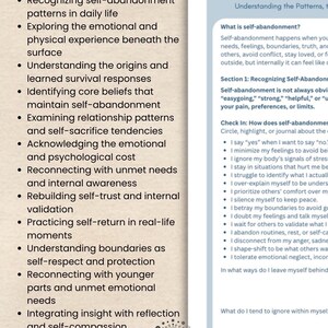 May include: A page from a self-help guide titled "Self-Abandonment" with a list of 12 guided sections. The text includes topics like recognizing patterns, exploring emotions, and understanding boundaries. The guide is from Mind Shift Health.