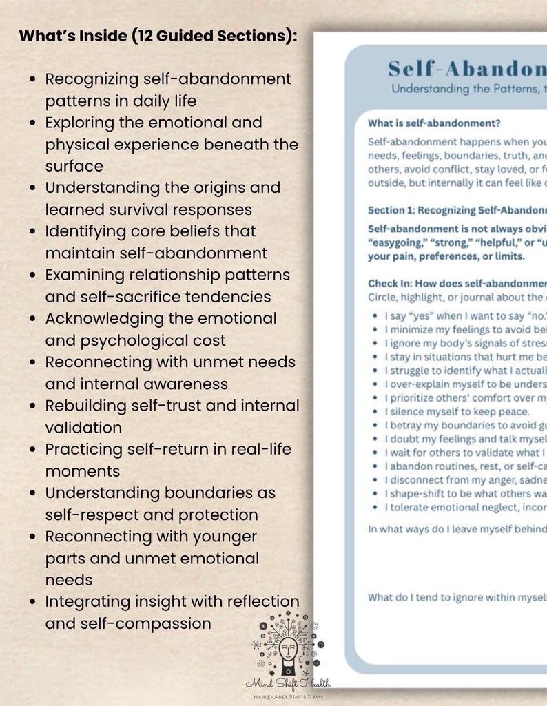 May include: A page from a self-help guide titled "Self-Abandonment" with a list of 12 guided sections. The text includes topics like recognizing patterns, exploring emotions, and understanding boundaries. The guide is from Mind Shift Health.