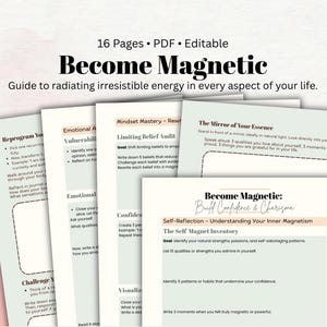 Könnte beinhalten: Eine Sammlung von druckbaren Arbeitsblättern mit dem Titel "Become Magnetic" mit Anleitungen zur Selbstreflexion und zum Aufbau von Selbstvertrauen. Die Seiten sind weiß mit schwarzem und hellrosa Text. Die Titelseite trägt den Titel "Become Magnetic".