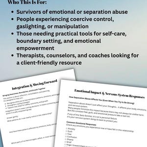 Puede incluir: Imagen de hojas de trabajo impresas con texto sobre el impacto emocional, las respuestas del sistema nervioso y herramientas de afrontamiento. El texto incluye temas como el abuso de separaci&oacute;n, el establecimiento de l&iacute;mites y el empoderamiento emocional.