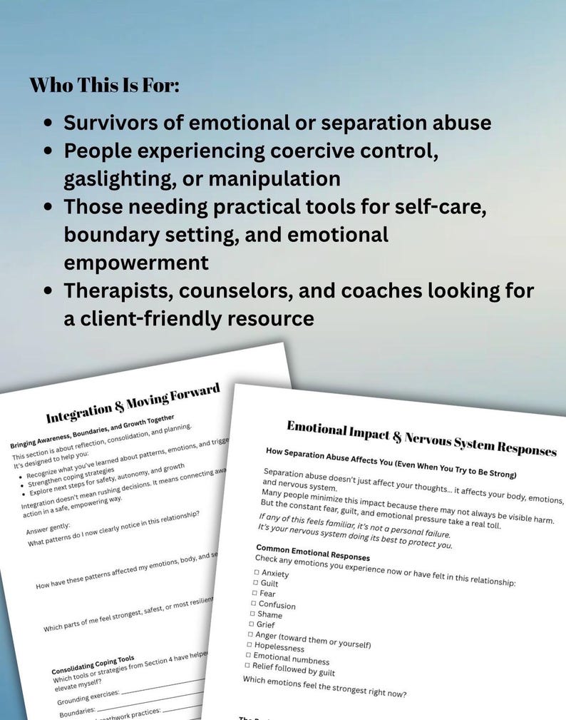Puede incluir: Imagen de hojas de trabajo impresas con texto sobre el impacto emocional, las respuestas del sistema nervioso y herramientas de afrontamiento. El texto incluye temas como el abuso de separaci&oacute;n, el establecimiento de l&iacute;mites y el empoderamiento emocional.