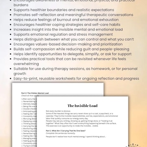 May include: A digital document titled The Invisible Load featuring a list of benefits for mental health and two worksheets. The text includes sections titled Part 1: What Am I Carrying That No One Sees? and Part 2: The Hidden Mental Load with checkboxes.