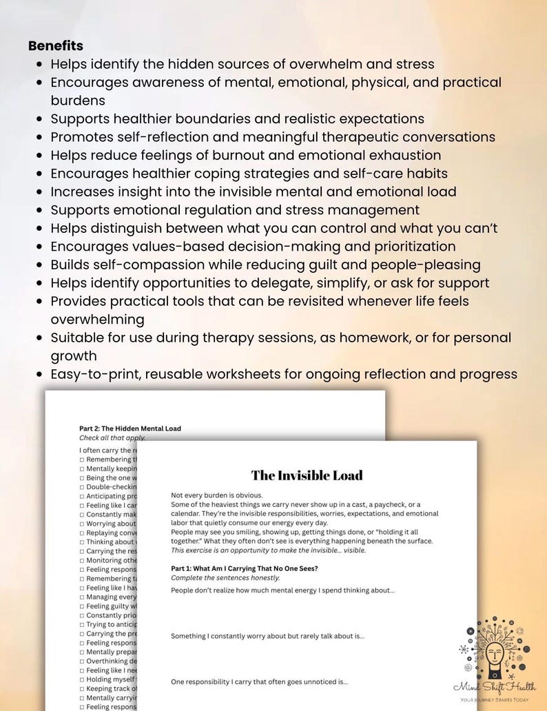 May include: A digital document titled The Invisible Load featuring a list of benefits for mental health and two worksheets. The text includes sections titled Part 1: What Am I Carrying That No One Sees? and Part 2: The Hidden Mental Load with checkboxes.