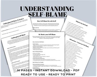 May include: A printable PDF workbook with 14 pages of worksheets and exercises to help understand and manage self-blame. The workbook includes titles such as "Challenging Self-Blame Worksheet", "How Self-Blame Reveals Itself", "Re-Route Your Self-Blame", "What to Say Instead", and "Affirmations Counteract Self-Blame".