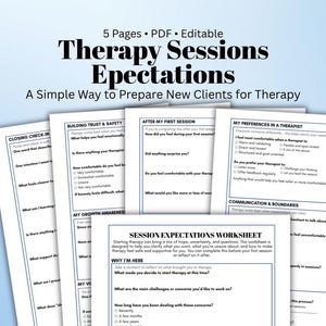 May include: A set of five printable therapy session expectation worksheets. The worksheets are designed to help clients prepare for therapy sessions. The title on the top of the image says "Therapy Sessions Expectations".